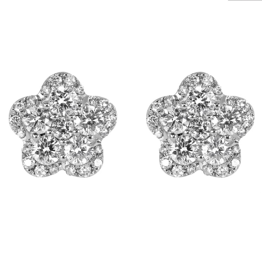 Cluster Flower White Gold Sterling Silver Screw back Star Hip Hop Earrings